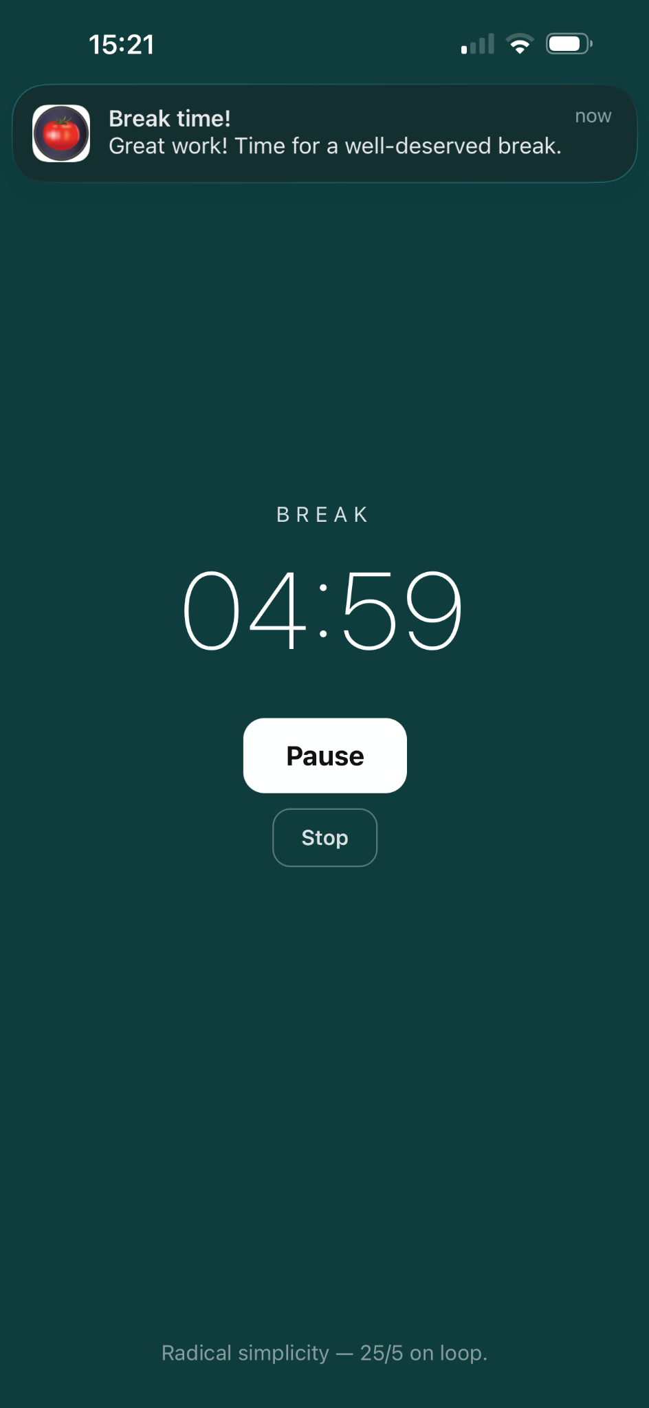 5-minute break timer screen with gentle notification